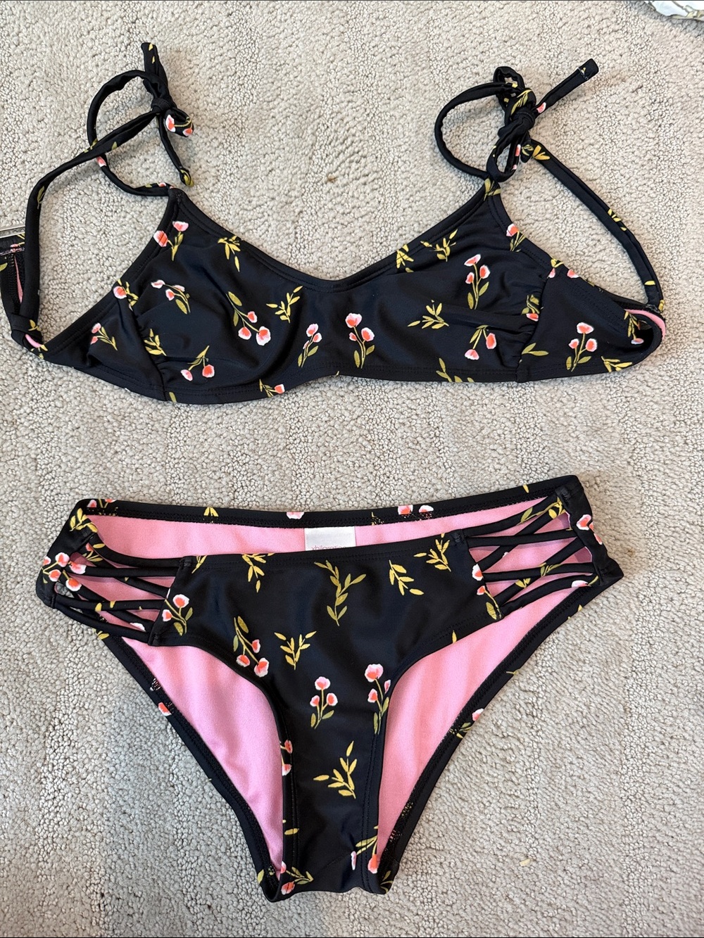 Xhilaration Black Floral Girls Two-Piece Bikini with Pink Lining